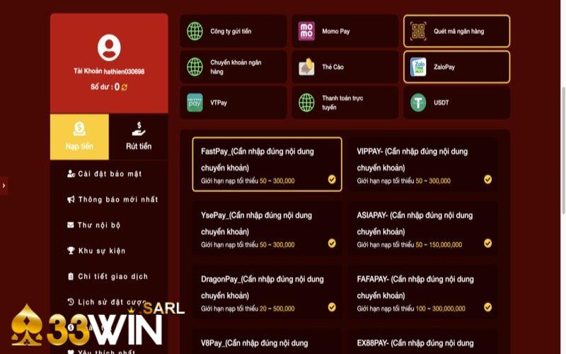 Quy trình gửi tiền 33Win